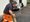 Eine Arbeiterin in orangener Warnschutz-Hose und mit Gehörschutz bedient einen Stemhammer, um Asphalt aufzubrechen. Im Hintergrund steht ein Anhänger vor einem weißen Gebäude.
