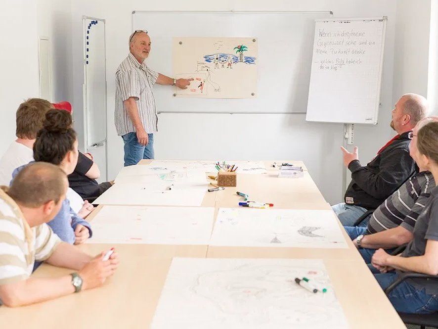 Im Besprechungsraum steht ein Mann an einer weissen Tafel und erklärt eine angeheftete Zeichnung. Eine Gruppe Frauen und Männer sitzen am Tisch und sehen zu. Auf dem Tisch liegen ähnliche Zeichnungen und Zeichenmaterial.