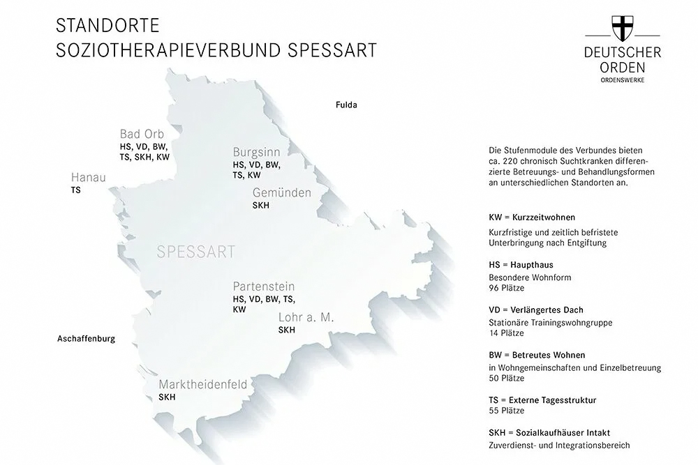 Grafik: ein Karte "Standorte Soziotherapieverbund Spessart" 